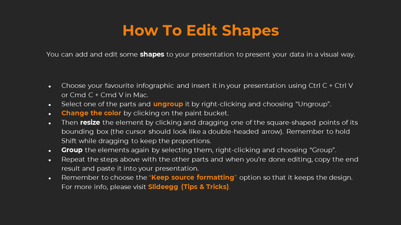 Step by step instructions on editing shapes in PowerPoint, including ungrouping, resizing, and grouping elements again.