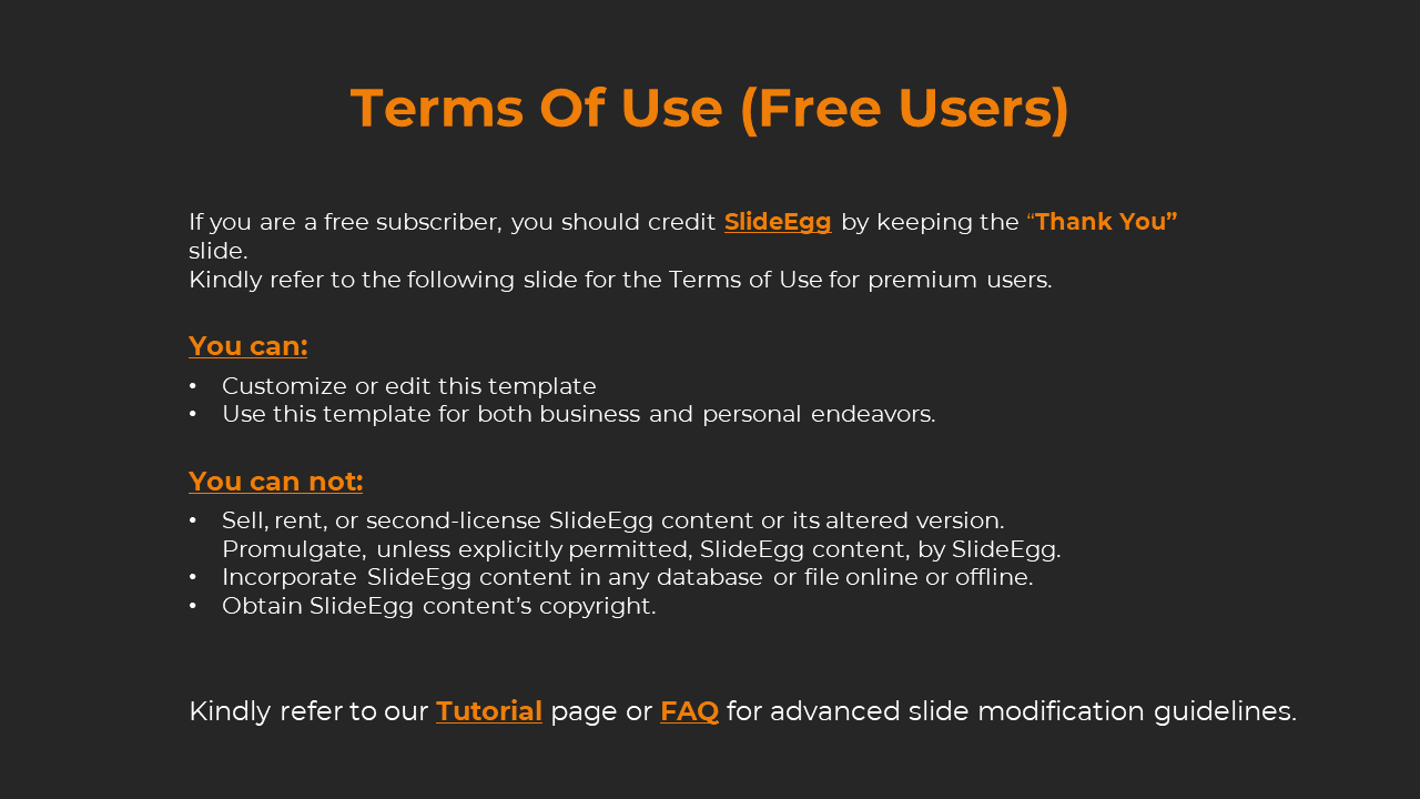 Slide outlining the Terms of Use for free users, detailing what can and cannot be done on a dark backdrop.