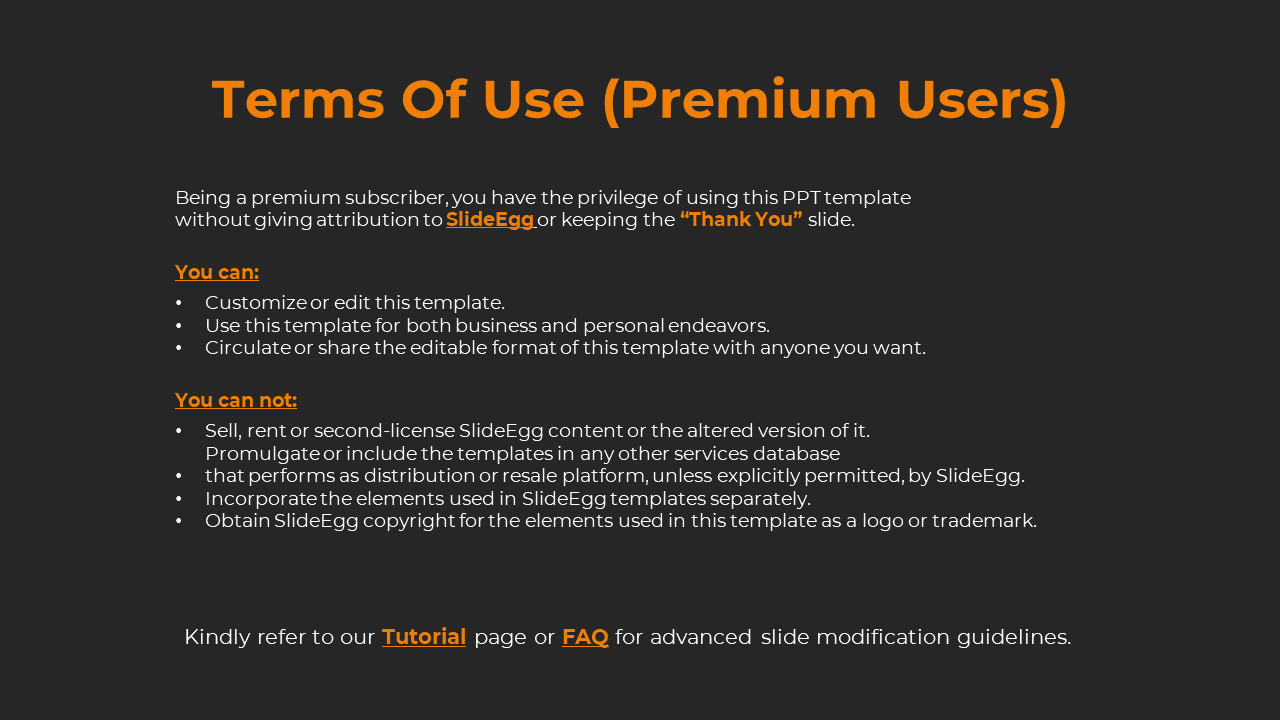 Slide outlining the Terms of Use for premium subscribers, with permission to use and distribute SlideEgg templates.