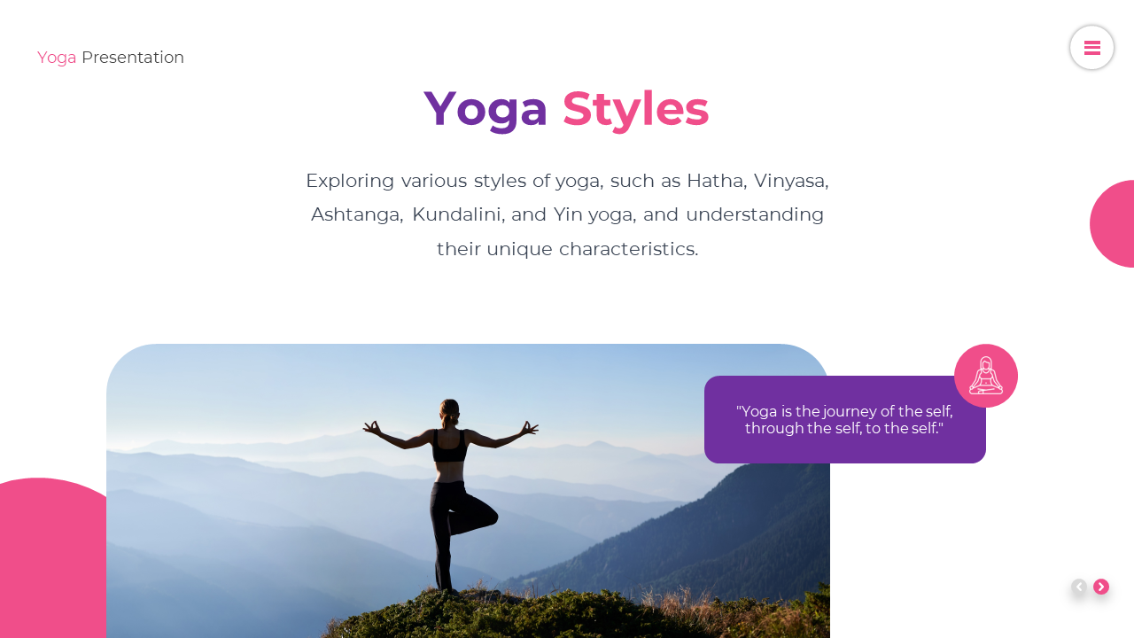 Slide on yoga styles including Hatha, Vinyasa, and Yin yoga, with a person performing yoga outdoors and philosophical quote.