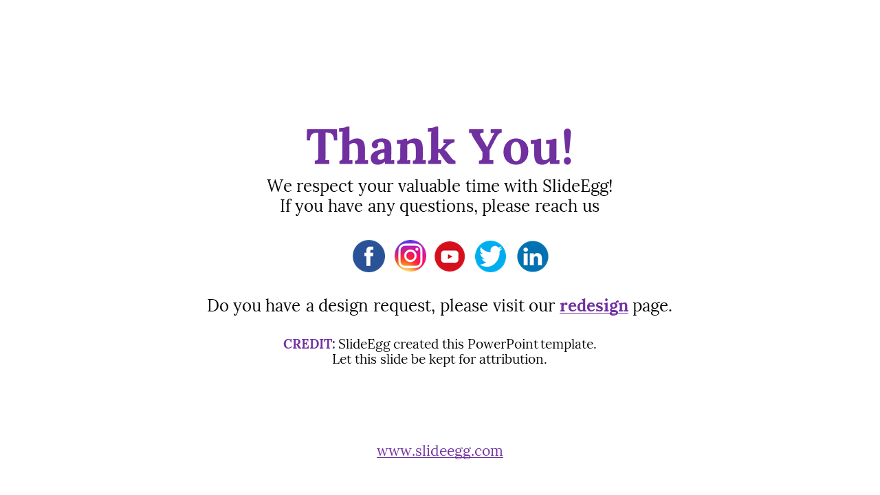 Thank You slide with social media links and a credit message with icons on a white backdrop.