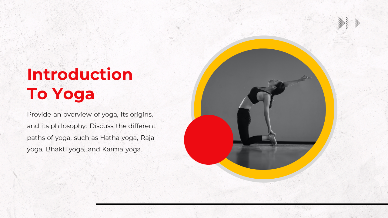 Introduction to Yoga slide with an overview of yoga’s origins and philosophy, featuring a woman performing a yoga pose.