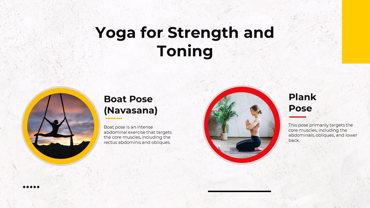 Yoga for strength and toning slide featuring two poses Boat Pose for core strength and Plank Pose for targeting core muscles.