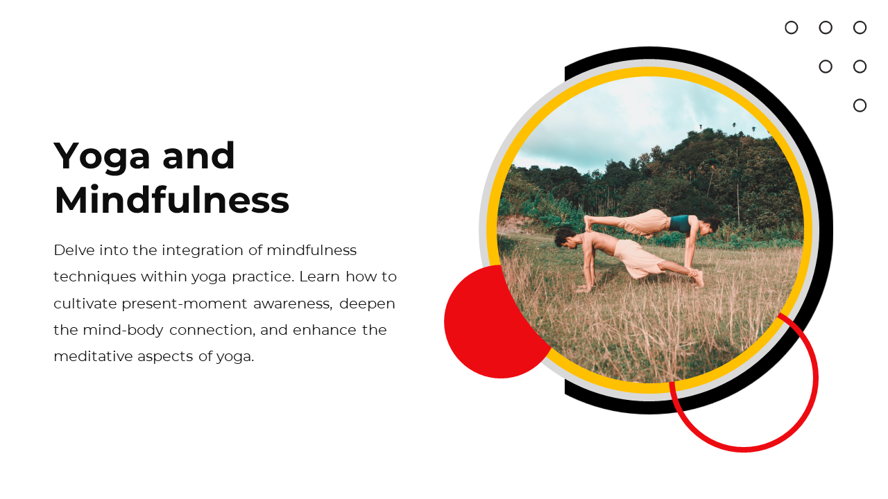 Yoga and mindfulness presentation slide featuring a couple practicing a balanced pose in nature, with text in a white theme.