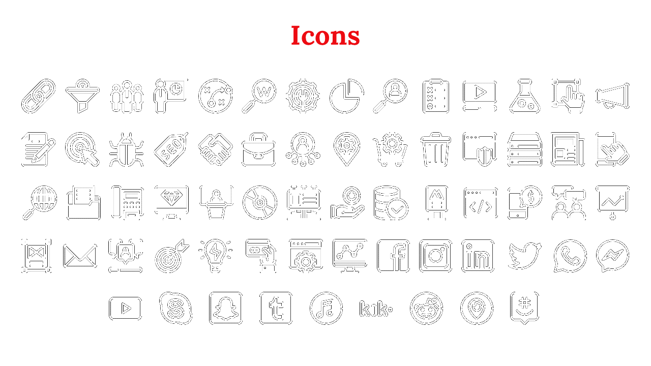 A collection of 5 rows of outline icons related to business, marketing, SEO, social media, and technology.