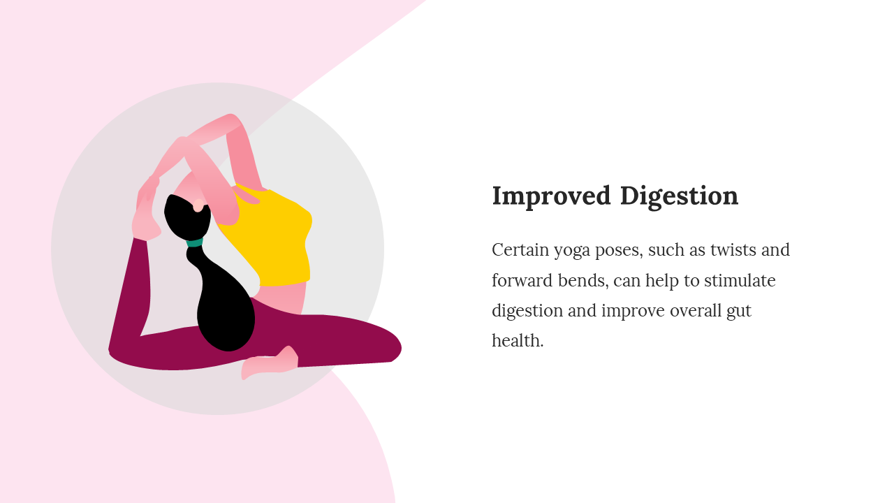 Yoga poses for improved digestion, featuring individuals in poses that stimulate digestion on a white and pink theme.