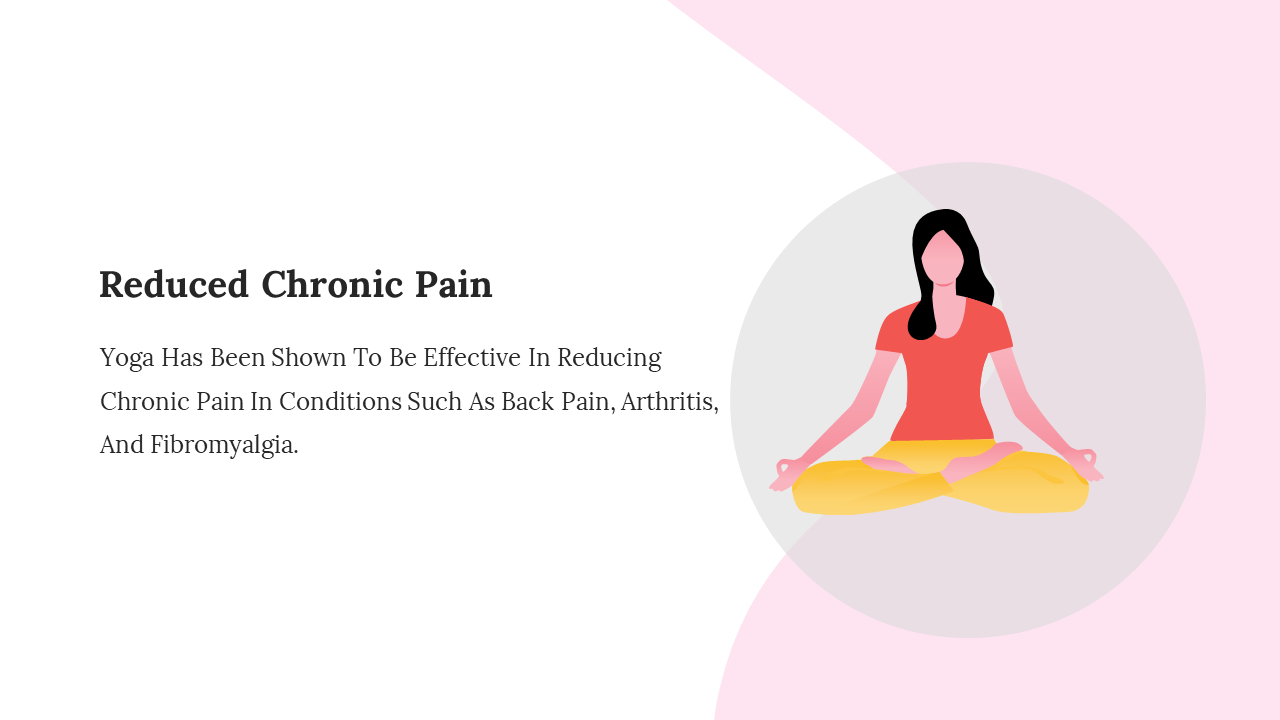 Yoga benefits for reducing chronic pain, with a woman in a seated meditation pose, highlighting the relief for conditions. 