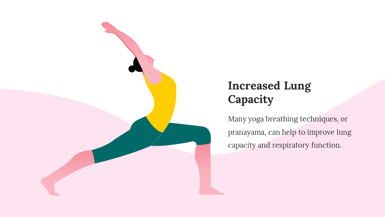 Yoga poses illustration showing how yoga and pranayama can improve lung capacity and respiratory function in white theme.