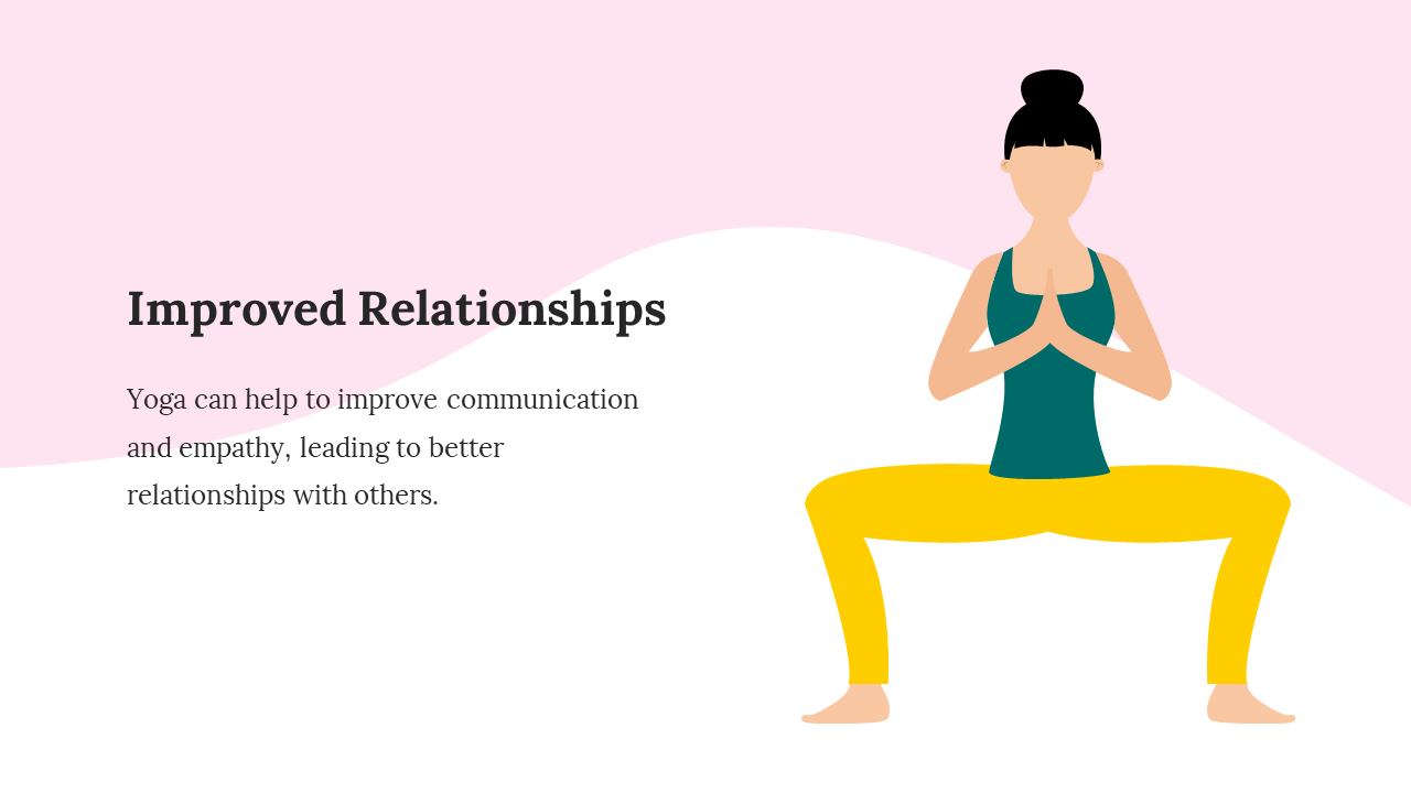 Yoga pose illustrates improved relationships, with a woman practicing a deep squat on a pink and white backdrop.