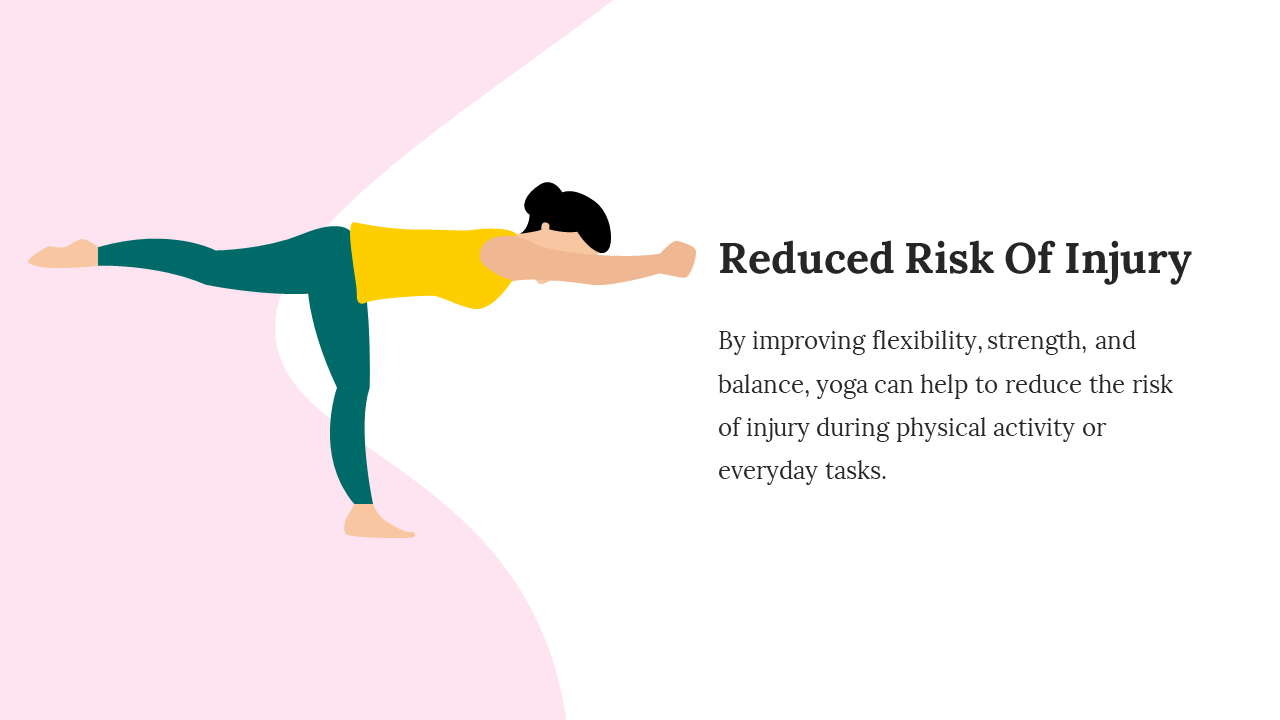 Yoga practice for injury prevention with woman demonstrating how yoga strengthens muscles and improves balance in pink theme.