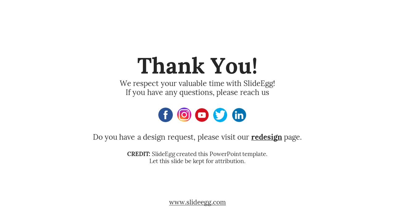 Thank you slide from SlideEgg with social media links, a design request invitation, and credit for the PowerPoint template.