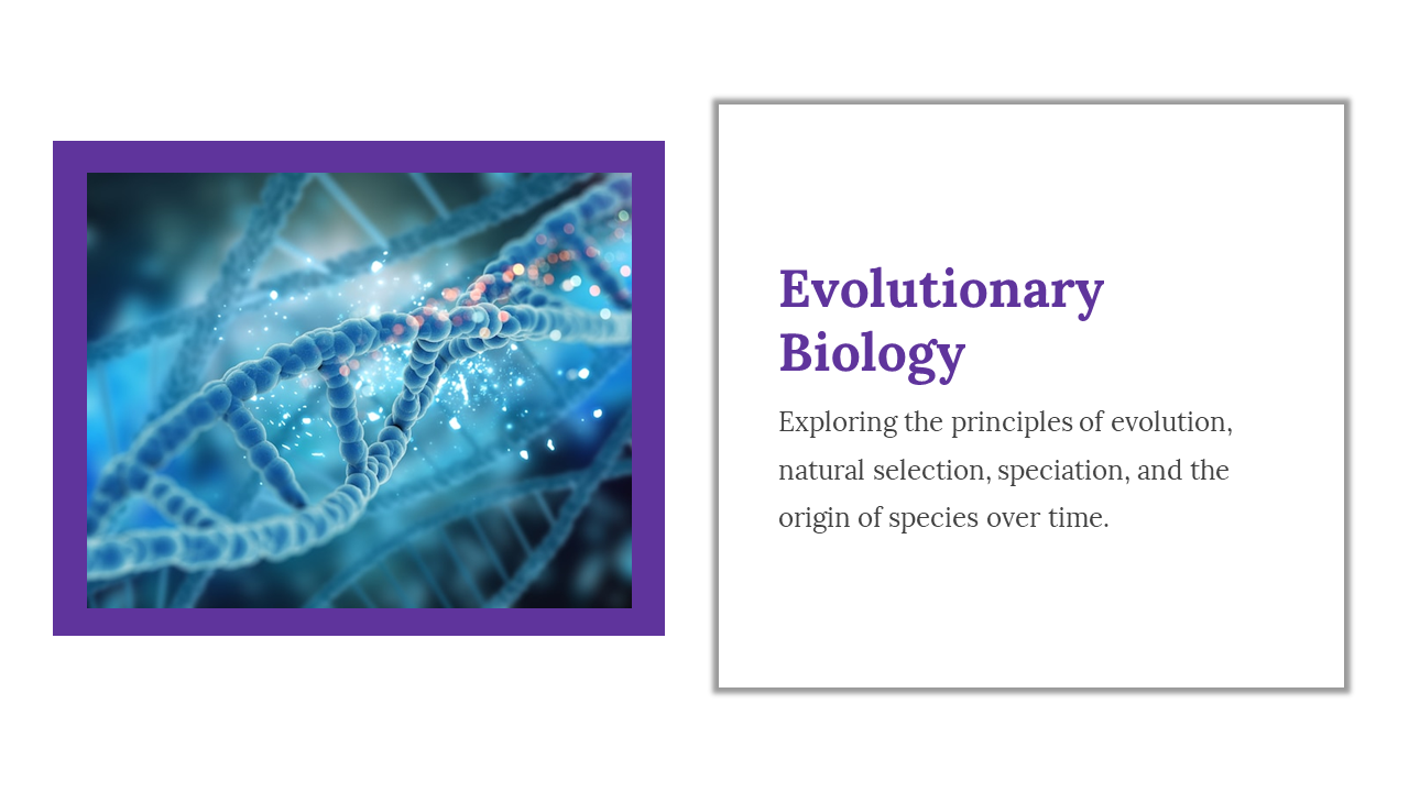 Evolutionary biology slide discussing the principles of evolution and the origin of species with DNA graphic in white theme.