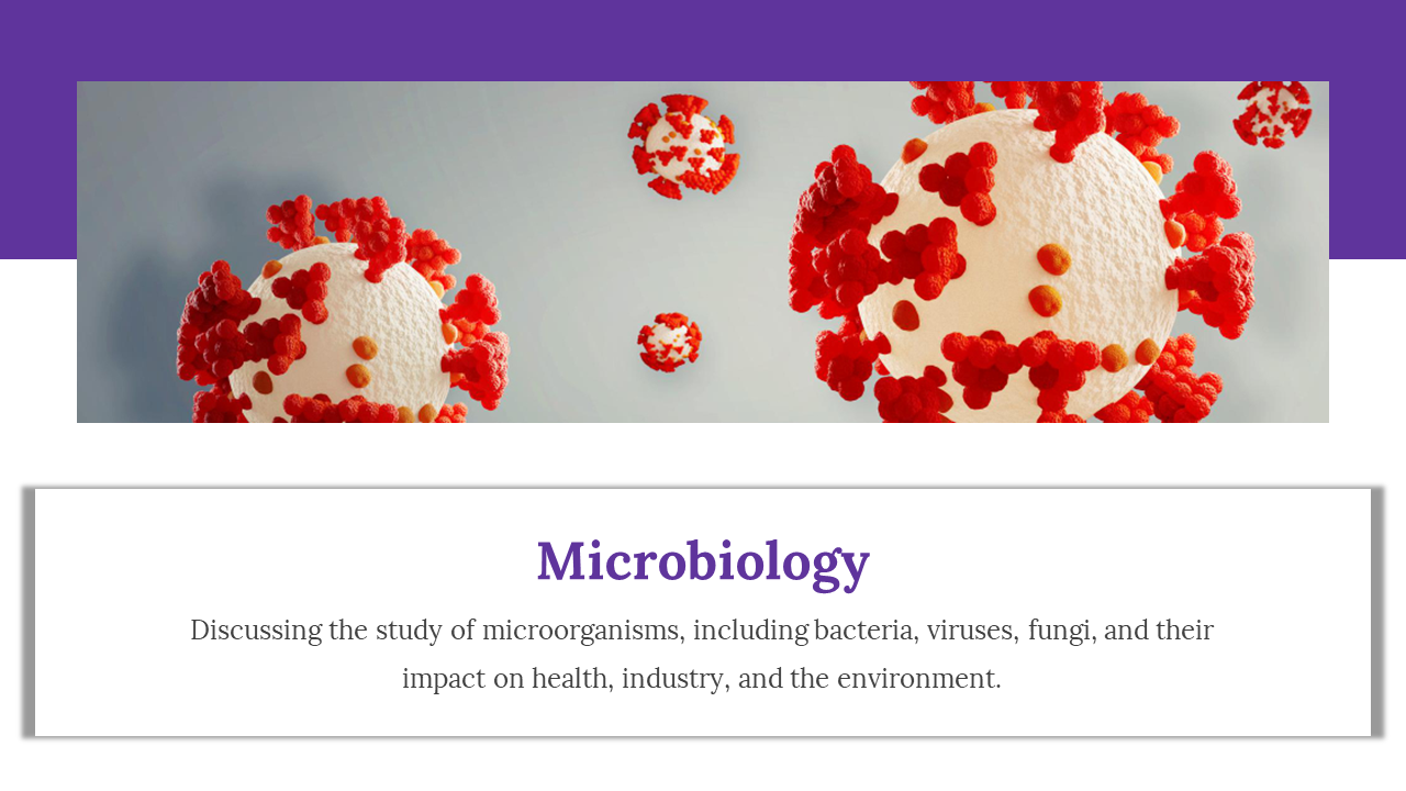 Microbiology slide discussing microorganisms such as bacteria, viruses, and fungi, with a visual of viral particles.
