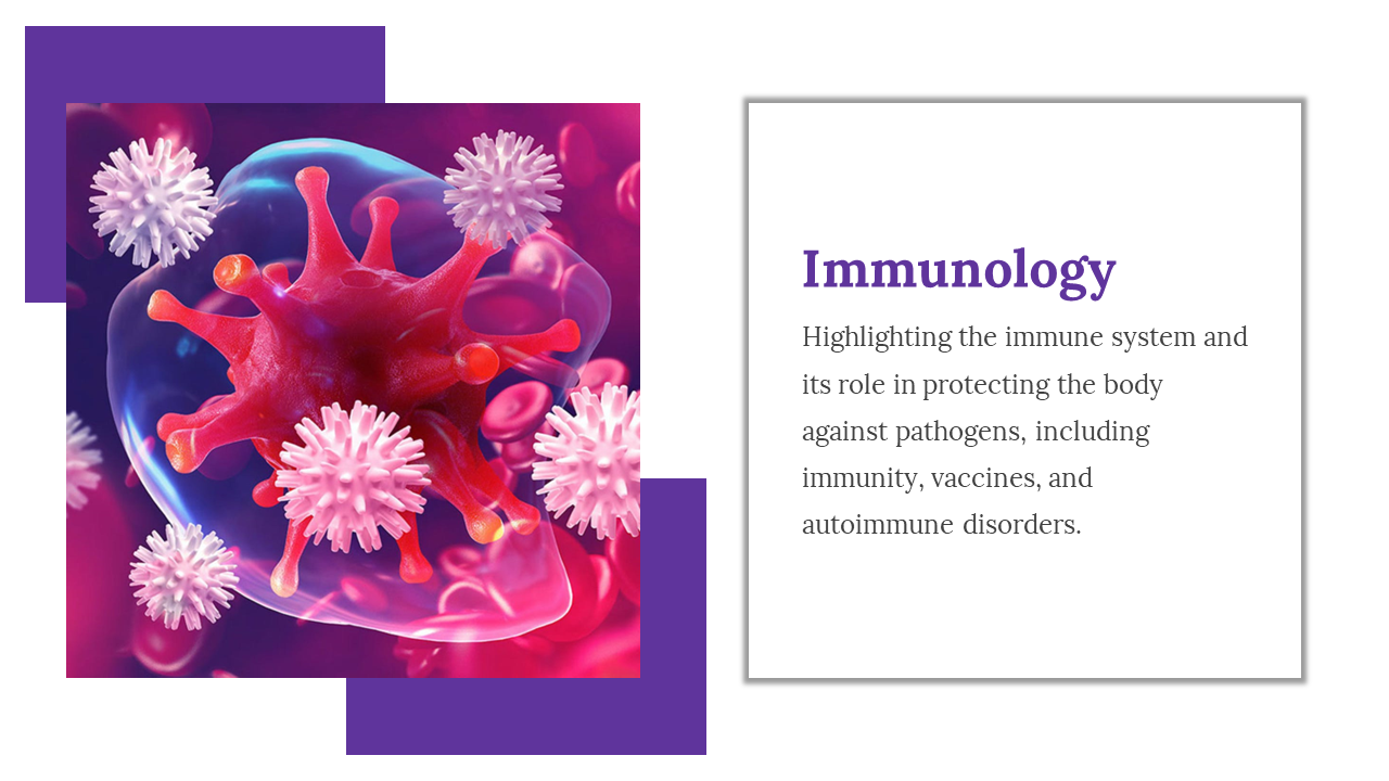 Immunology slide illustrating the immune system's function in protecting the body from pathogens featuring white blood cells.