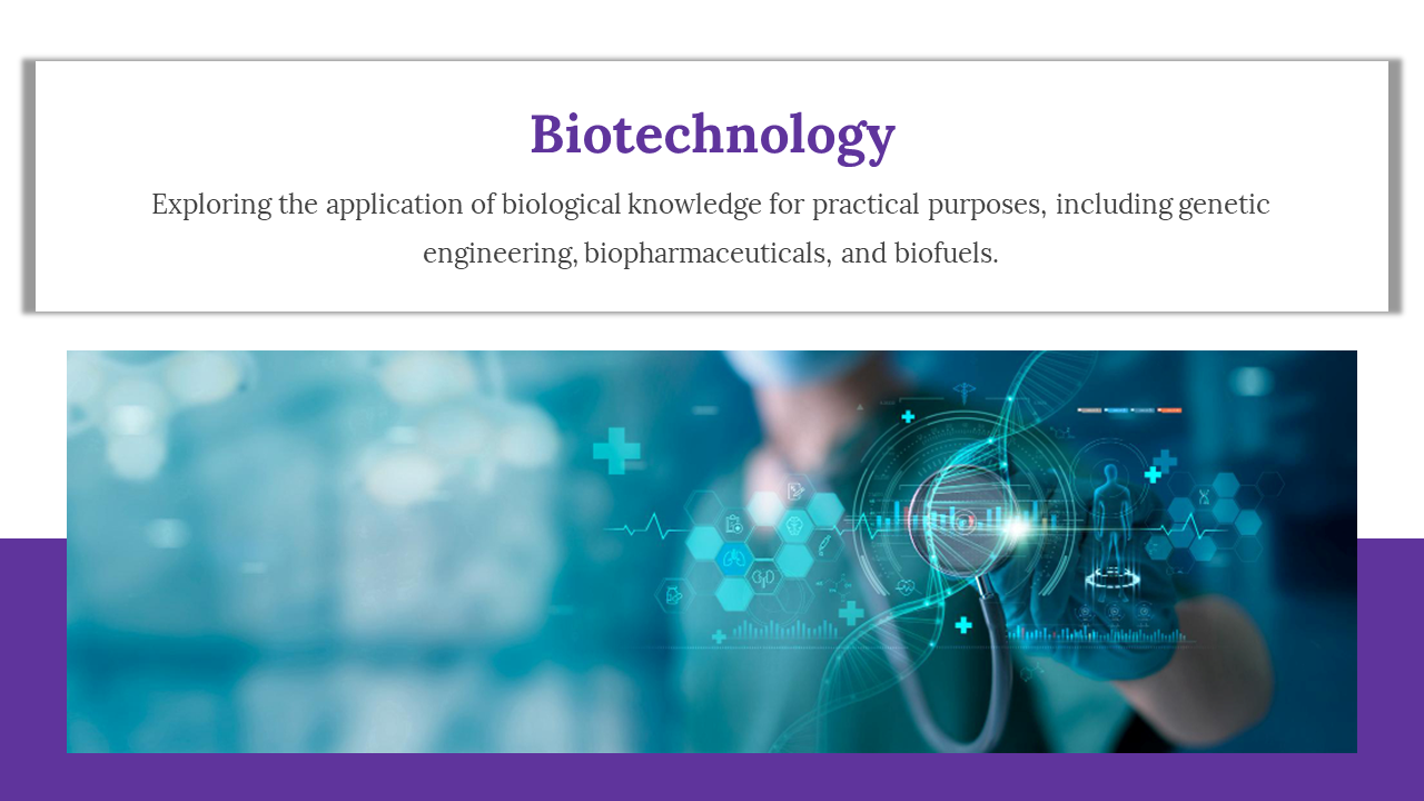 PowerPoint slide on biotechnology focusing on genetic engineering and biopharmaceuticals with a high tech digital interface.