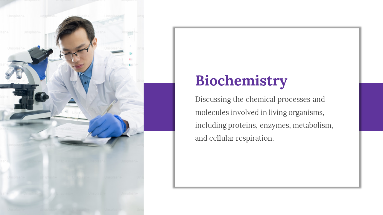 Biochemistry slide focusing on the chemical processes within living organisms featuring a researcher working with microscope.
