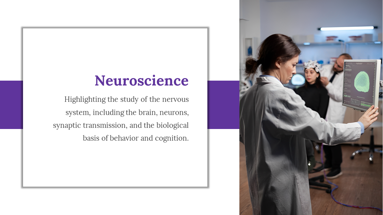Neuroscience slide exploring the nervous system, with an image of a scientist performing an EEG test on a participant.