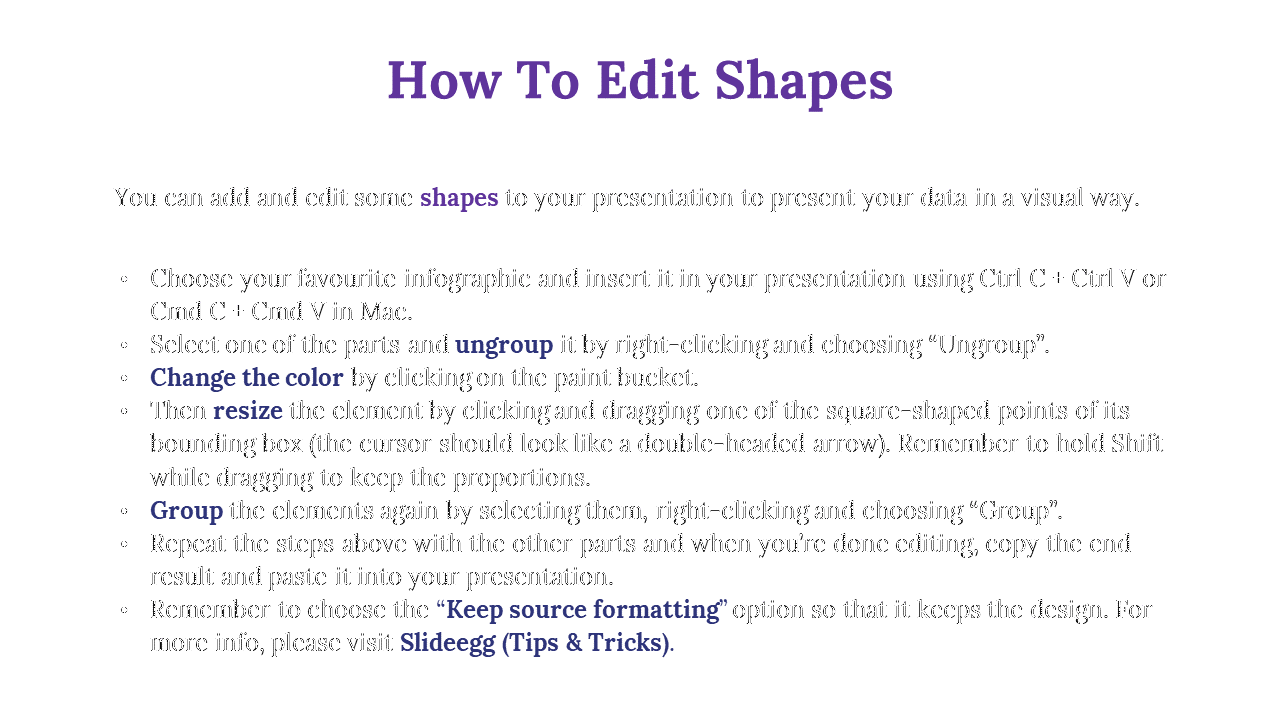 Instructions for editing shapes in PowerPoint, including steps on ungrouping, changing colors, and grouping elements again.