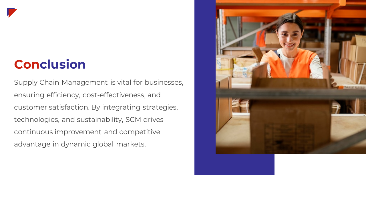 Conclusion on Supply Chain Management with a woman standing wearing an orange coat with a description on a white backdrop.
