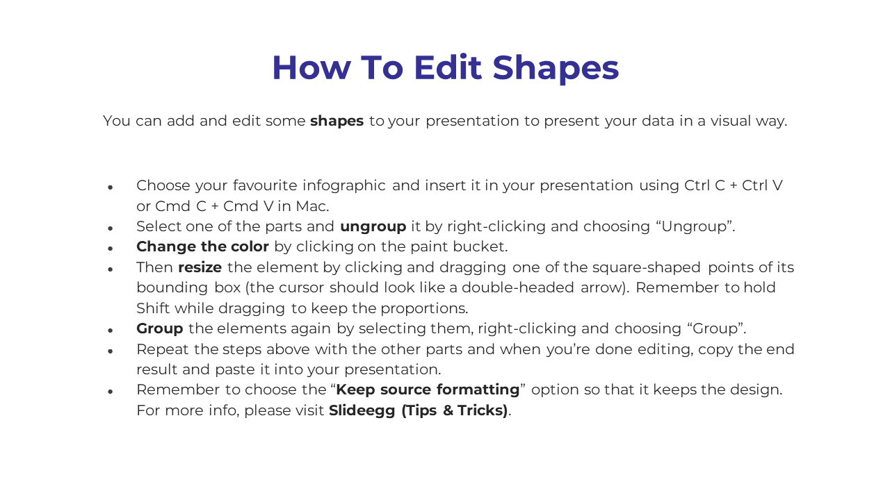 Guide on how to edit shapes in PowerPoint, including steps to ungroup, change color, resize, and group elements.