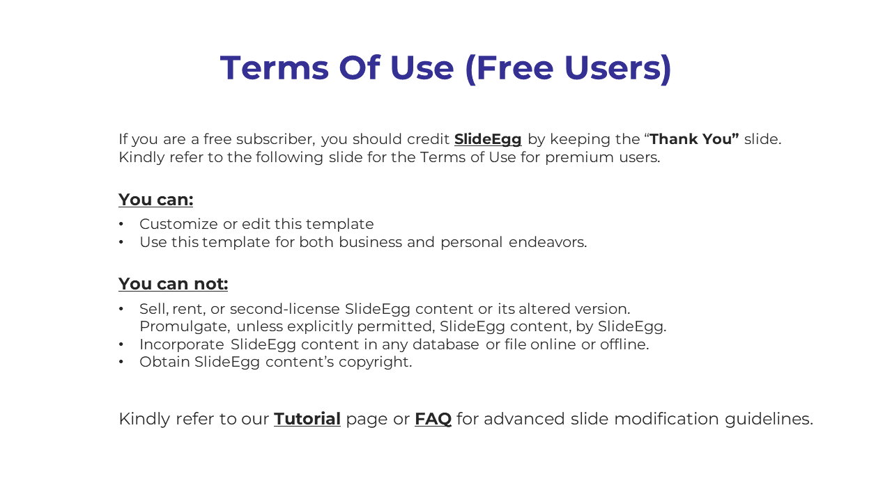 Guidelines for free users of SlideEgg templates, with terms on customization and usage restrictions on a white theme.