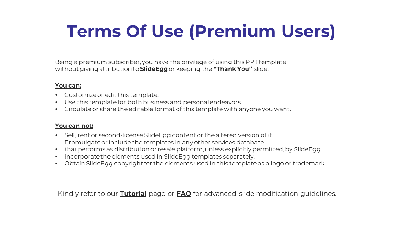 Terms of use for premium SlideEgg users, allowing full customization, sharing and distribution of templates on a white theme.