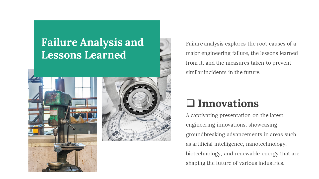 A case study on failure analysis, exploring root causes of engineering failures and lessons with machinery parts displayed.