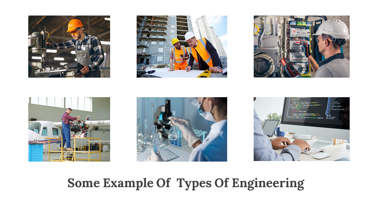 A collage showcasing various types of mechanical, civil, electrical, aviation, chemical, and software engineering.