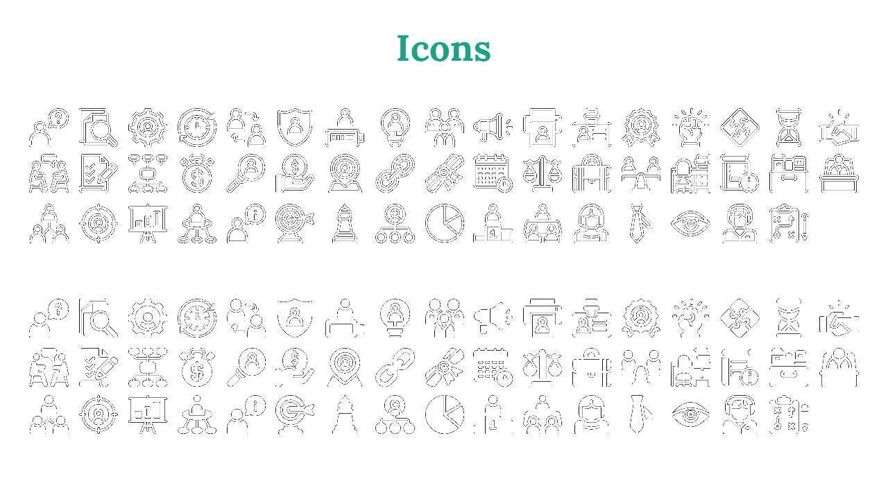 A collection of business related icons including team collaboration, analysis, security, and productivity tools.