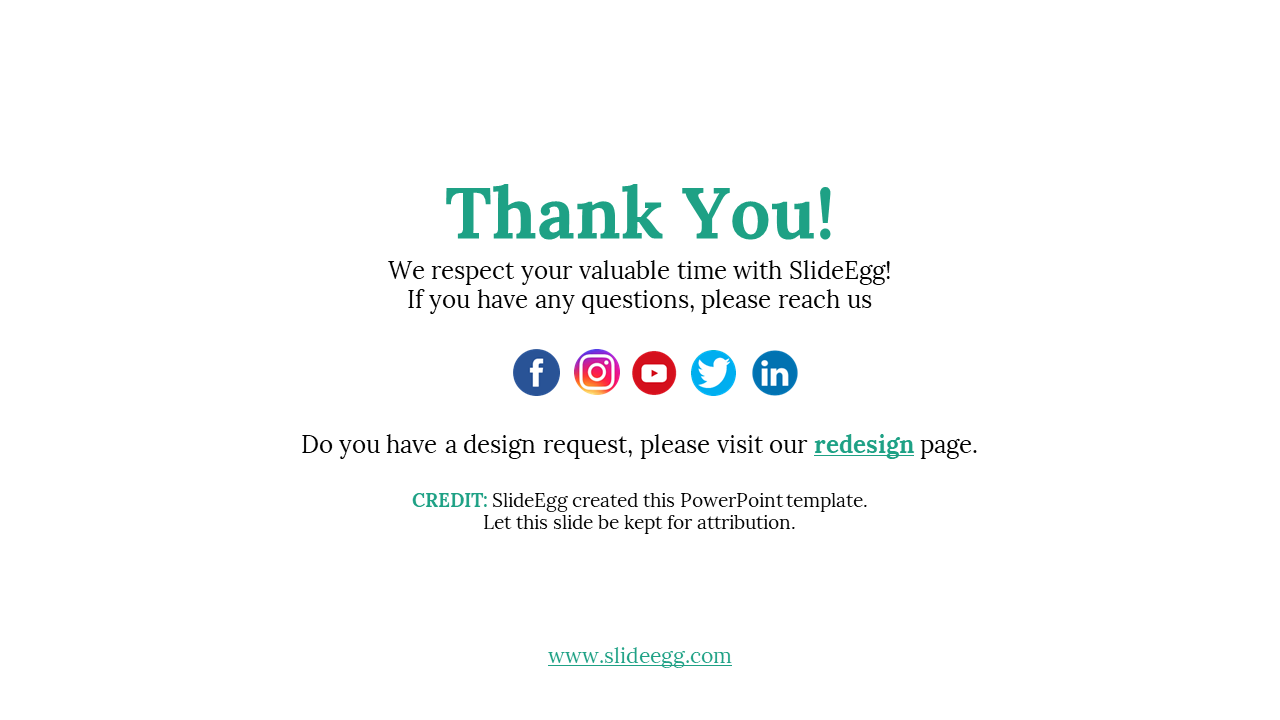 Thank you slide from SlideEgg, with social media links and a reminder to visit the redesign page for design requests.