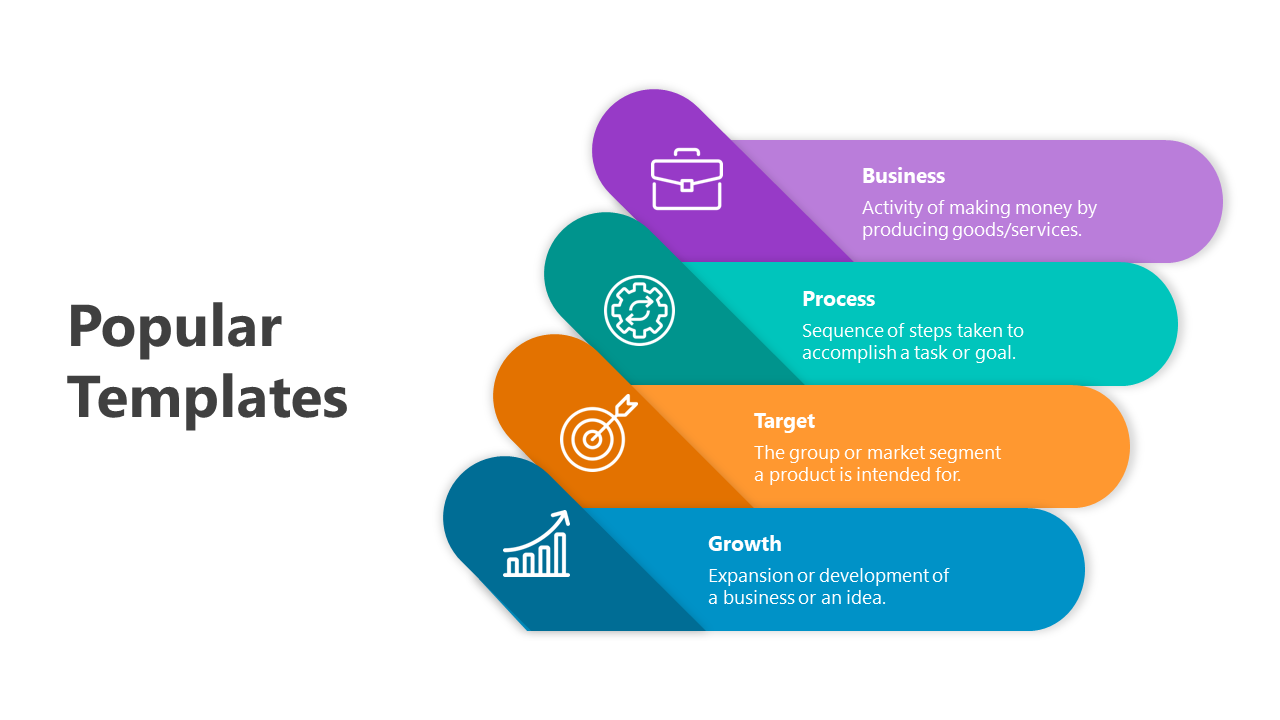Slide deck showcasing colorful business templates, including layered shapes, circular diagrams, and detailed business plans.