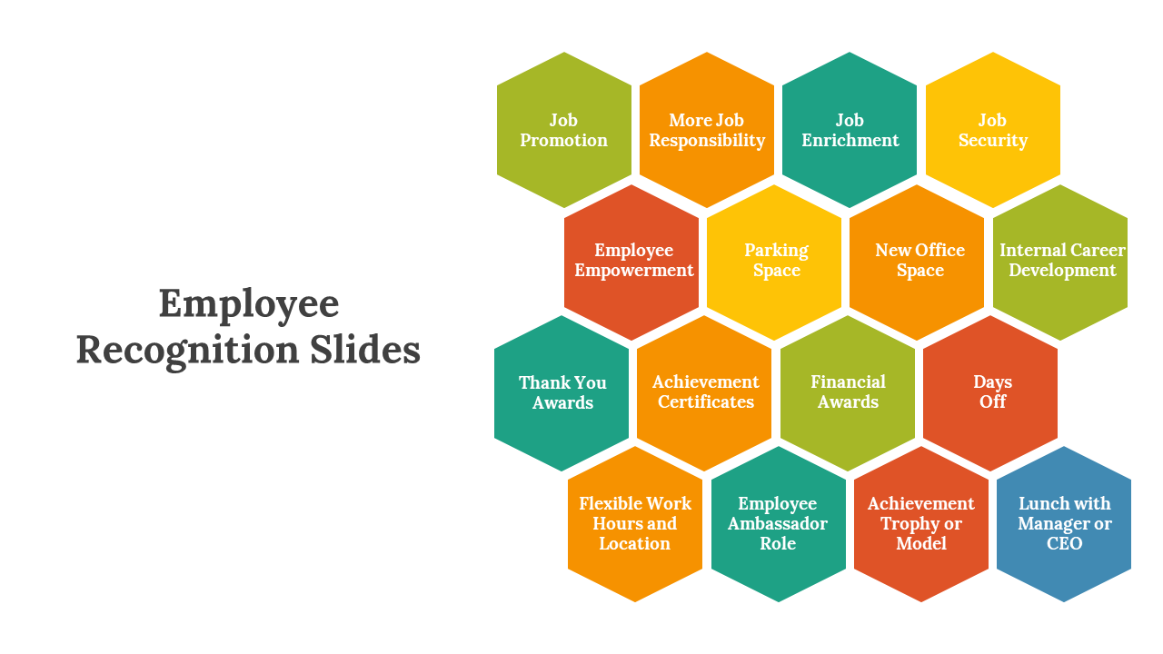 Employee recognition infographic slide with colorful hexagons representing different rewards on a white theme.