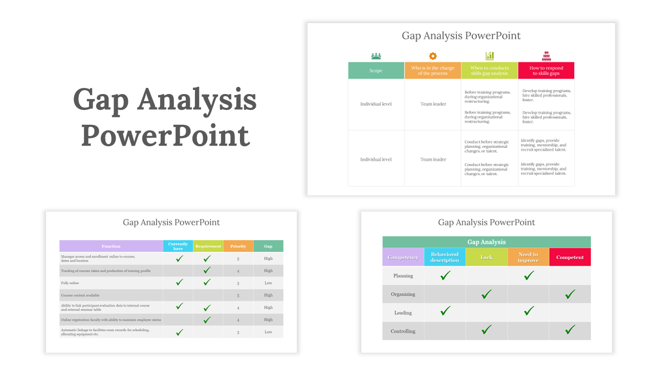 Gap Analysis slides featuring tables for skills gaps, competency levels, and requirements, with color coded priority levels.