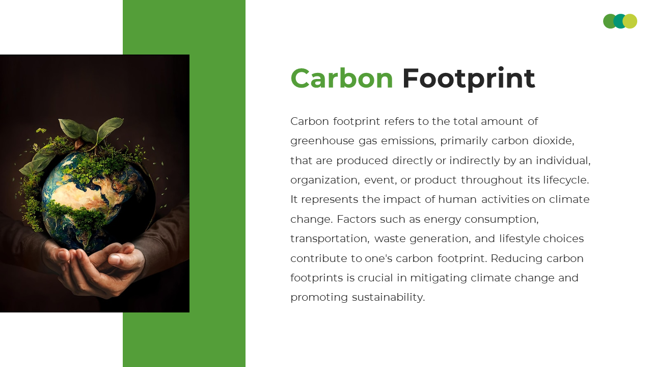 Carbon footprint presentation slide featuring Earth with growing plants, highlighting the impact of human activities.