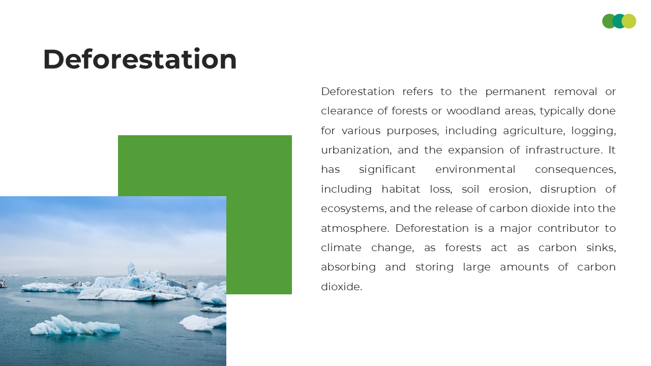 A frozen landscape with icebergs symbolizes the environmental consequences of deforestation and climate change.