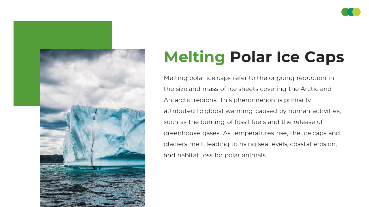 A large iceberg floating in the ocean symbolizes the effects of global warming and the melting polar ice caps.