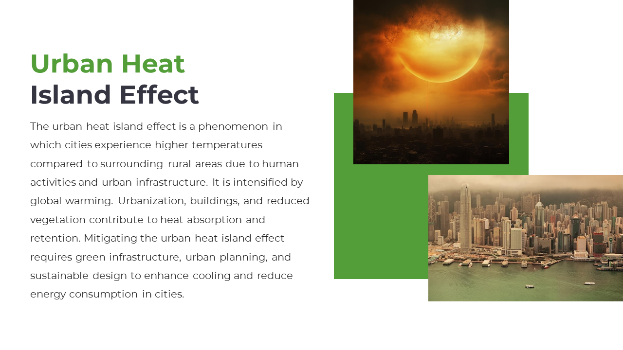A dramatic cityscape showing the urban heat island effect, with high temperatures and smog over a dense metropolis.