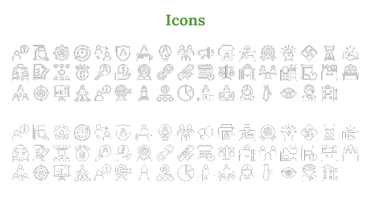 Set of black icons illustrating themes like management, collaboration, analysis, finance and communication in a grid layout.