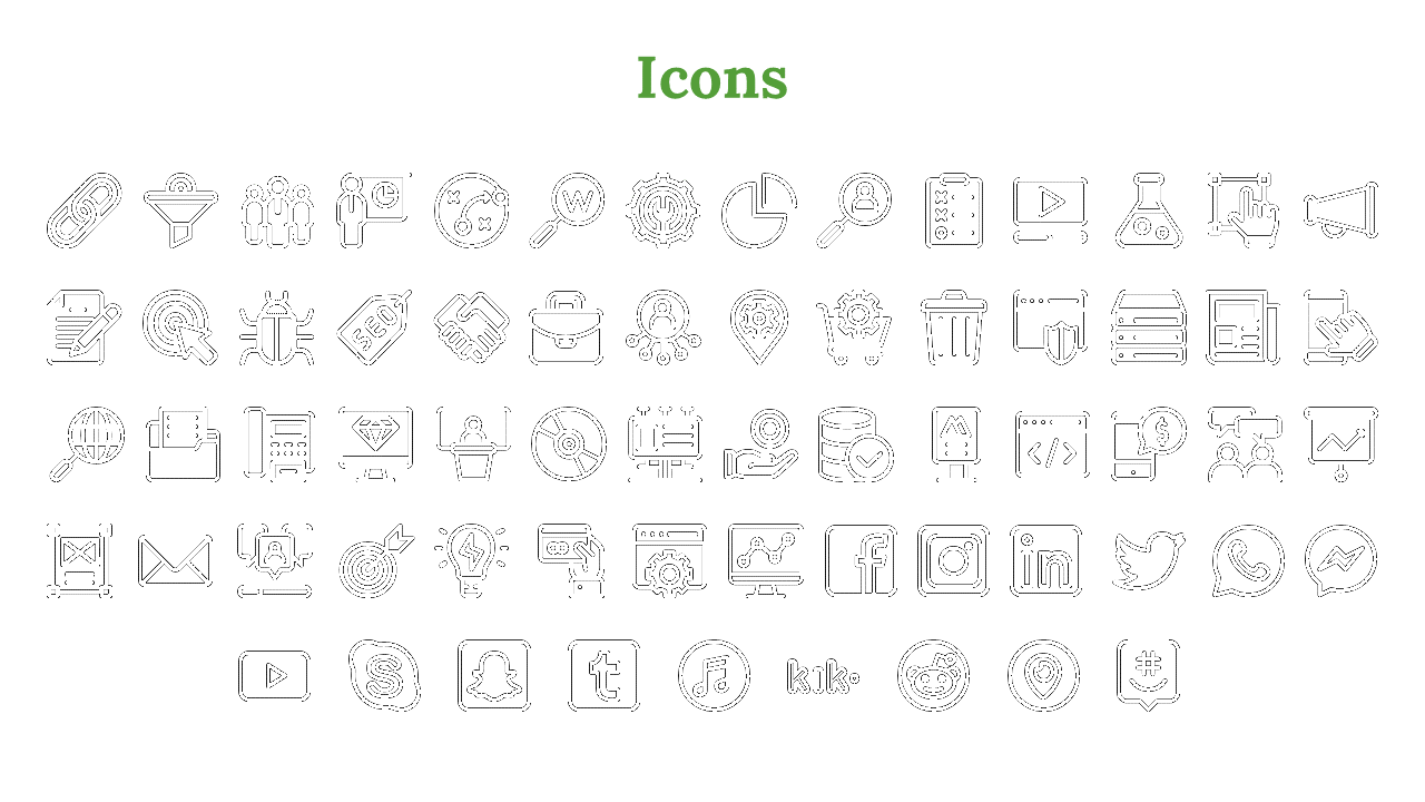 Collection of black icons representing various digital tools and platforms such as social media, and data analytics.