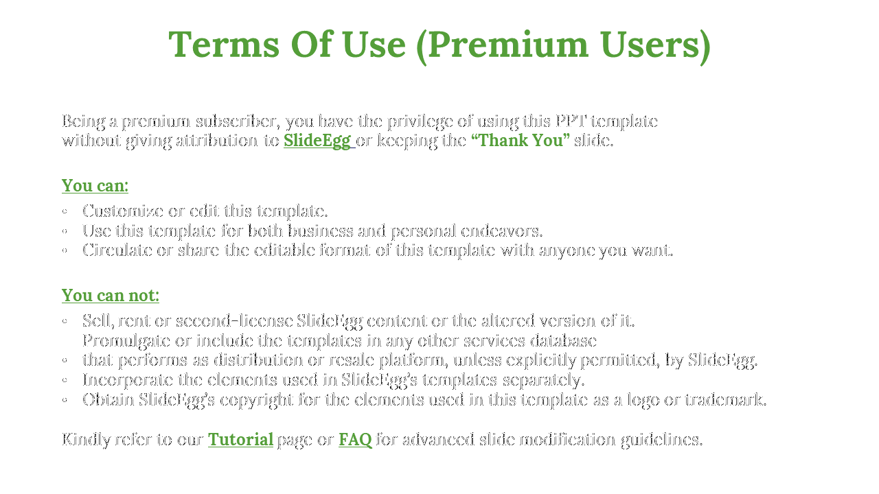 Terms of Use for premium SlideEgg subscribers outlining the privileges of using templates without attribution on white theme.