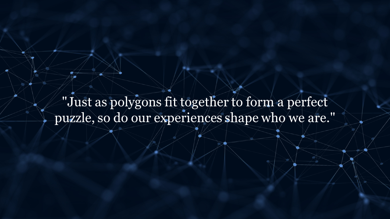 Abstract network of dots and lines on a dark background with a quote.
