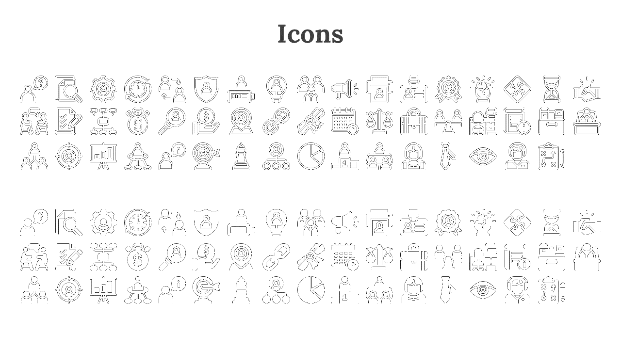 Collection of black icons depicting business, finance, teamwork, and technology related elements on a white backdrop.