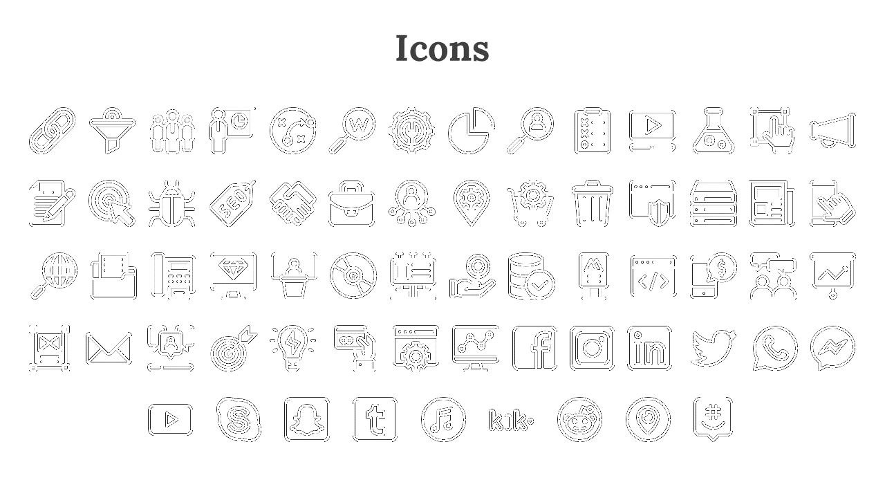 Grid of black icons showcasing concepts such as SEO, social media, marketing, and web analytics on a white backdrop.