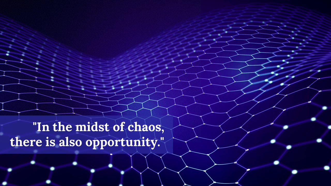 Hexagonal mesh pattern with glowing blue nodes, accompanied by the quote.