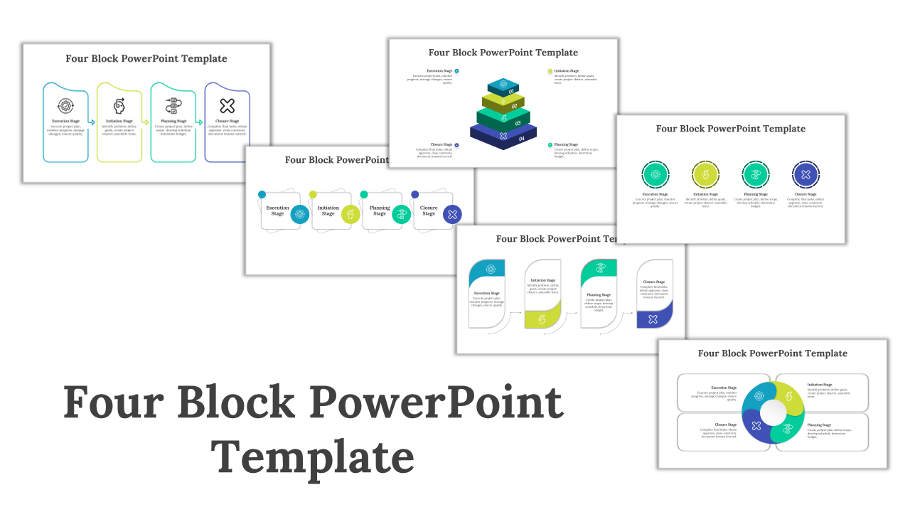 Multiple slides showing a four block template design, each highlighting project stages in different colorful layouts.