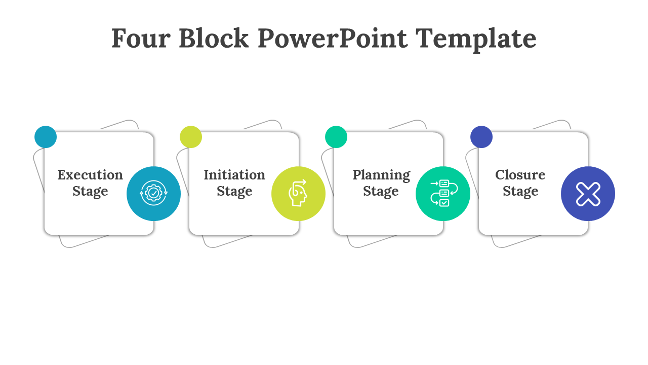 Four Block PPT template with stages execution, initiation, planning, and closure with color coded icons on a white backdrop.