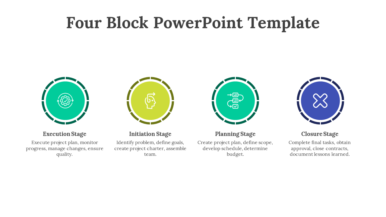 Four Block PowerPoint template with four colorful circular stages each with corresponding icons and descriptions.