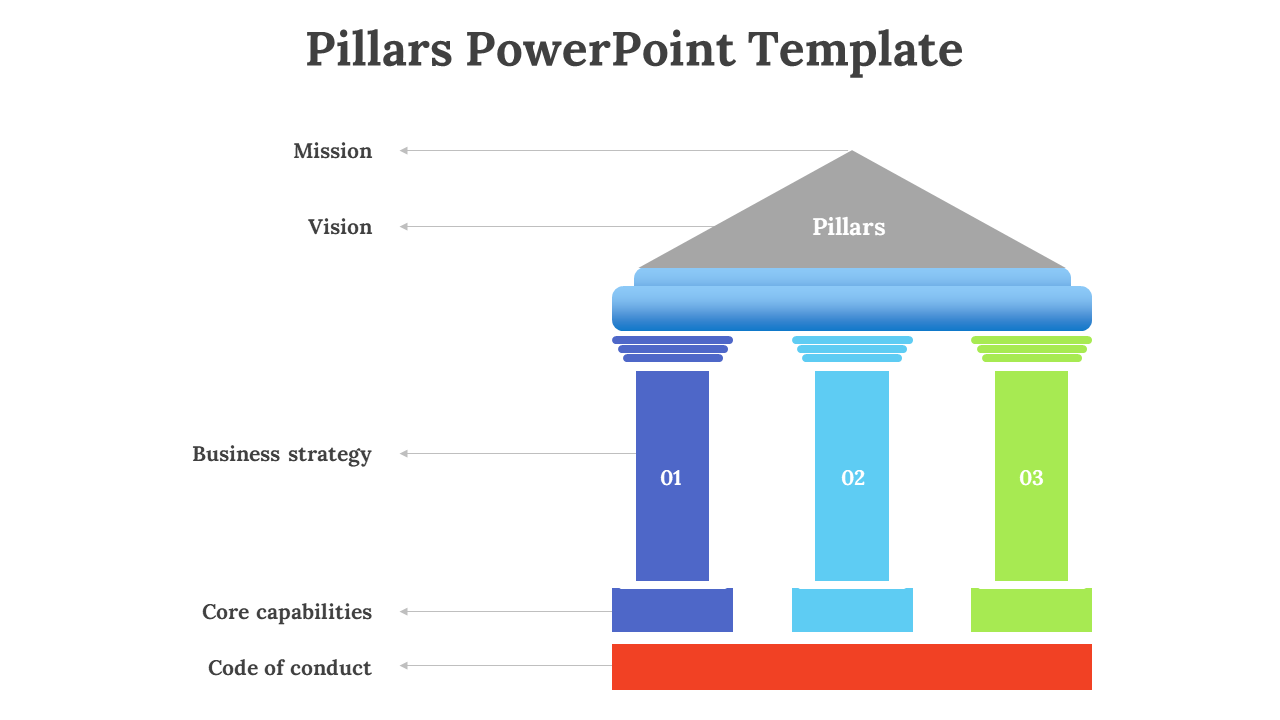 Colorful pillars PowerPoint slide illustrating key concepts on a white backdrop.
