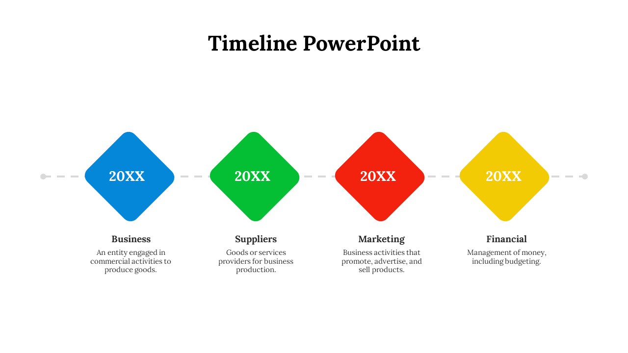 Timeline PowerPoint slide with color coded diamond shapes for business, suppliers, marketing, and financial stages.