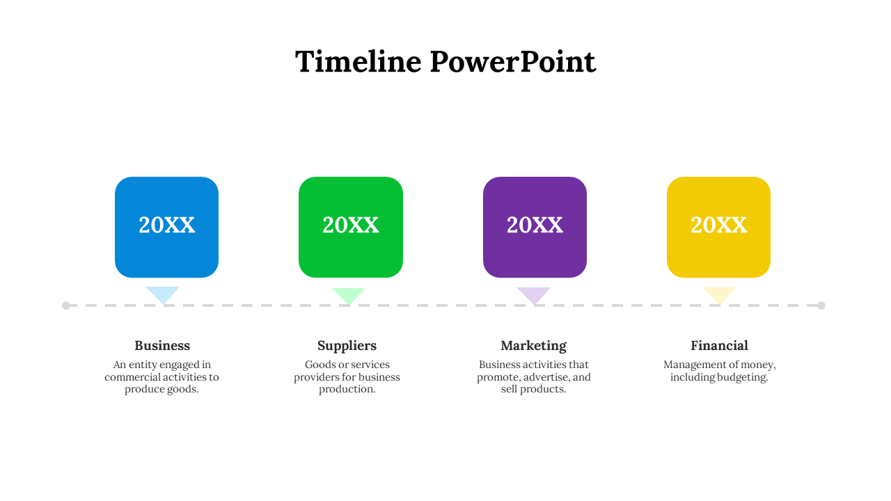 Timeline PowerPoint with colored squares and arrows for business, suppliers, marketing, and financial stages.